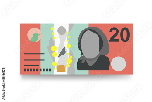 Australian Dollar Vector Illustration. Australia money set bundle banknotes. Paper money 20 AUD. Flat style. Isolated on white background. Simple minimal design. photo