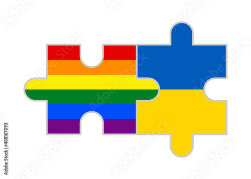 puzzle pieces of rainbow and ukraine flags. vector illustration isolated on white background