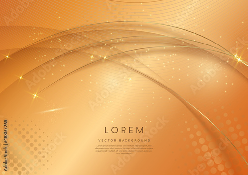 Abstract 3d gold curved layers background with lighting effect and sparkle with copy space for text. Luxury design style.