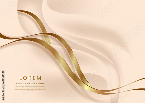 Abstract golden ribbon curve line luxury on light flesh background with copy space for text.