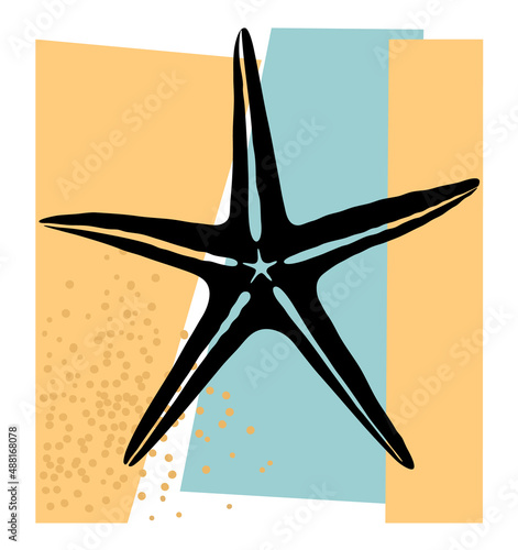 Starfish black silhouette, sand, yellow and aquamarine abstract shapes. Vector illustration isolated on white background.
