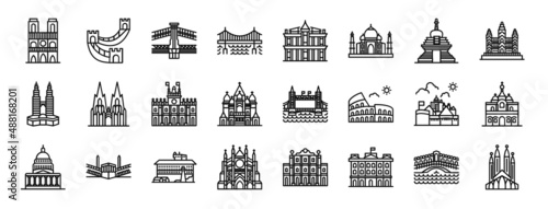 Photo set of 24 outline web world landmarks icons such as france, great wall of china,