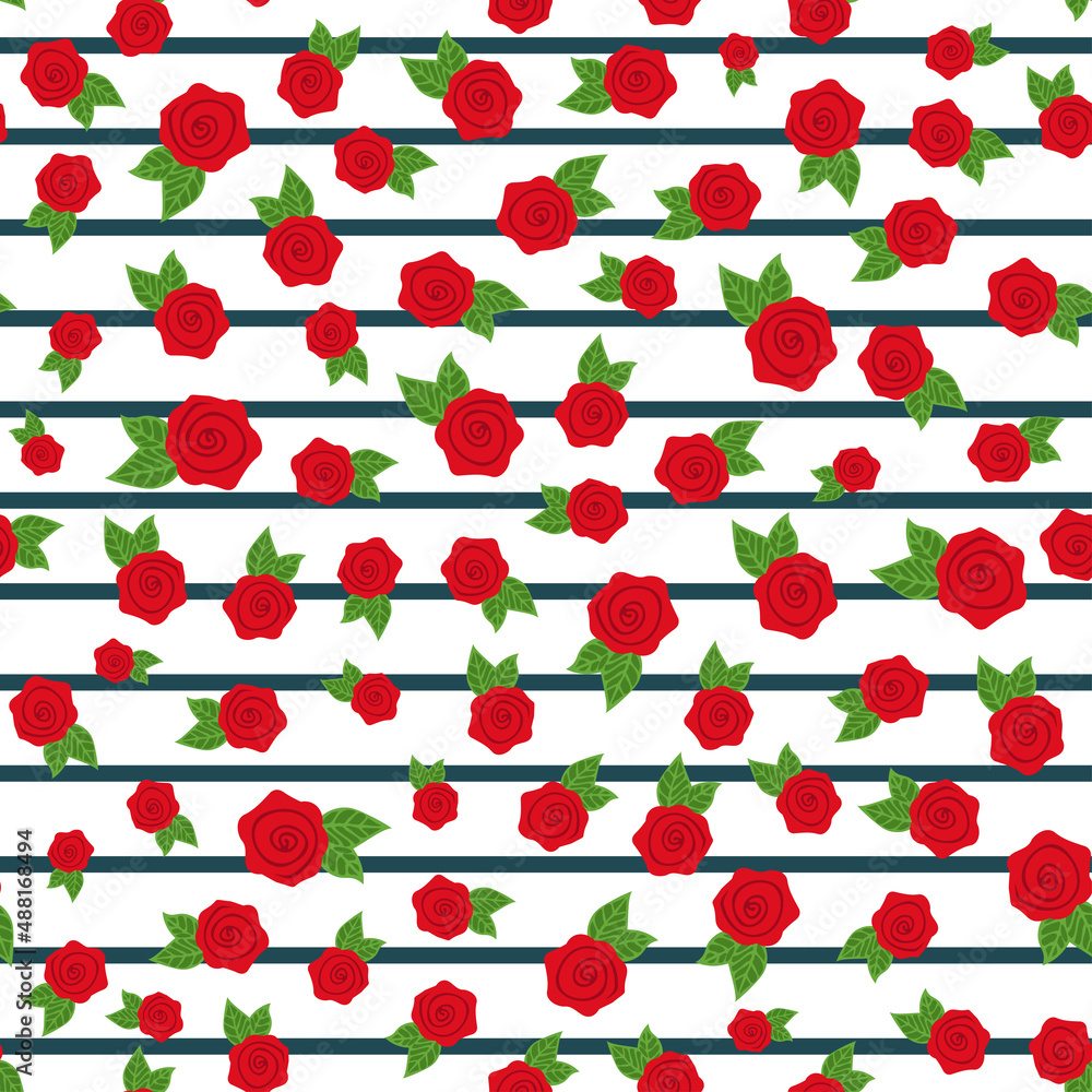 Hand drawn red rose with green leaves and stripes seamless pattern isolated on white background. Vector illustration for textile, fabric, invitation and more. Hand drawn red rose with green leaves and stripes seamless pattern isolated on white background. Vector illustration for textile, fabric, invitation and more.