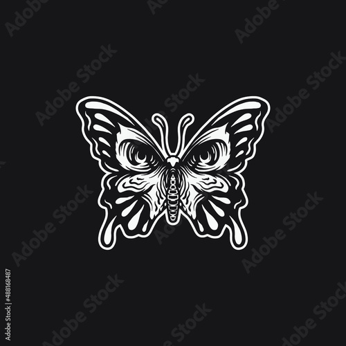Skull butterfly tattoo style drawing illustration.