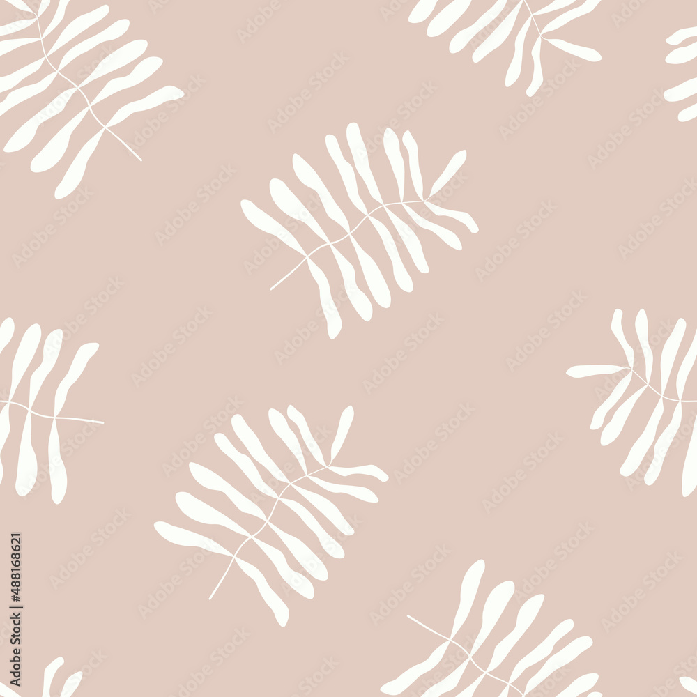 Seamless pattern with leaf twigs. Abstract botanical background in pastel pink and beige color. Scandinavian design in minimal style. Vector illustration.