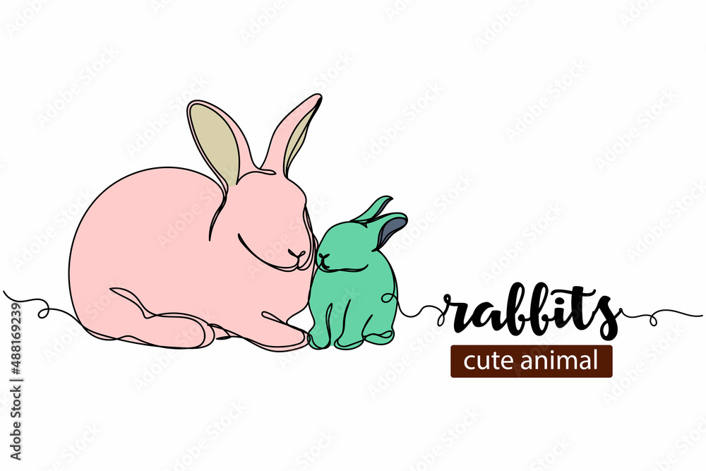 Continuous one simple single line drawing of mother rabbit with baby bunny icon easter symbol 2023 year concept in silhouette on a white background. Linear stylized. Continuous one simple single line drawing of mother rabbit with baby bunny icon easter symbol 2023 year concept in silhouette on a white background. Linear stylized.