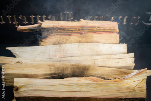Obraz na płótnie Dry wood in the grill for kindling and making coals w salonie