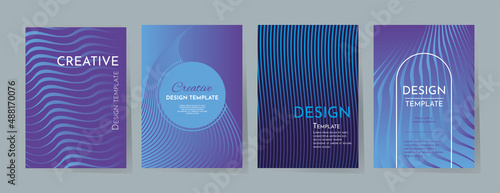 Set of modern cover designs. Flyer collection, striped background in trendy colors - purple and blue. Business flyer design template