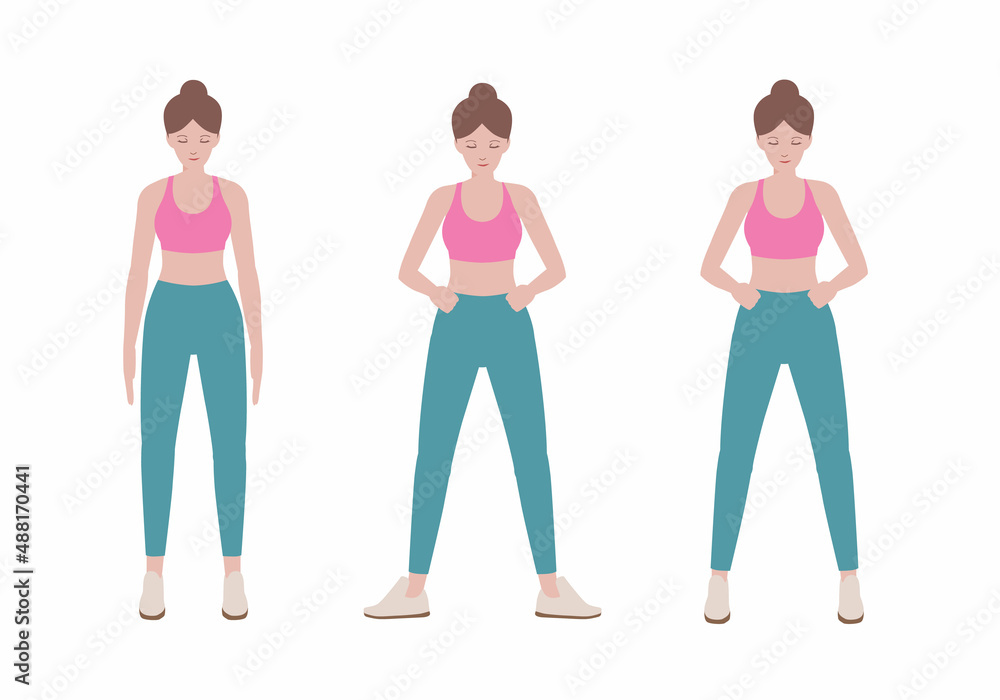 A young healthy woman in sportswear standing isolated on white background. Illustration about prepare posture of Sport people before fitness.