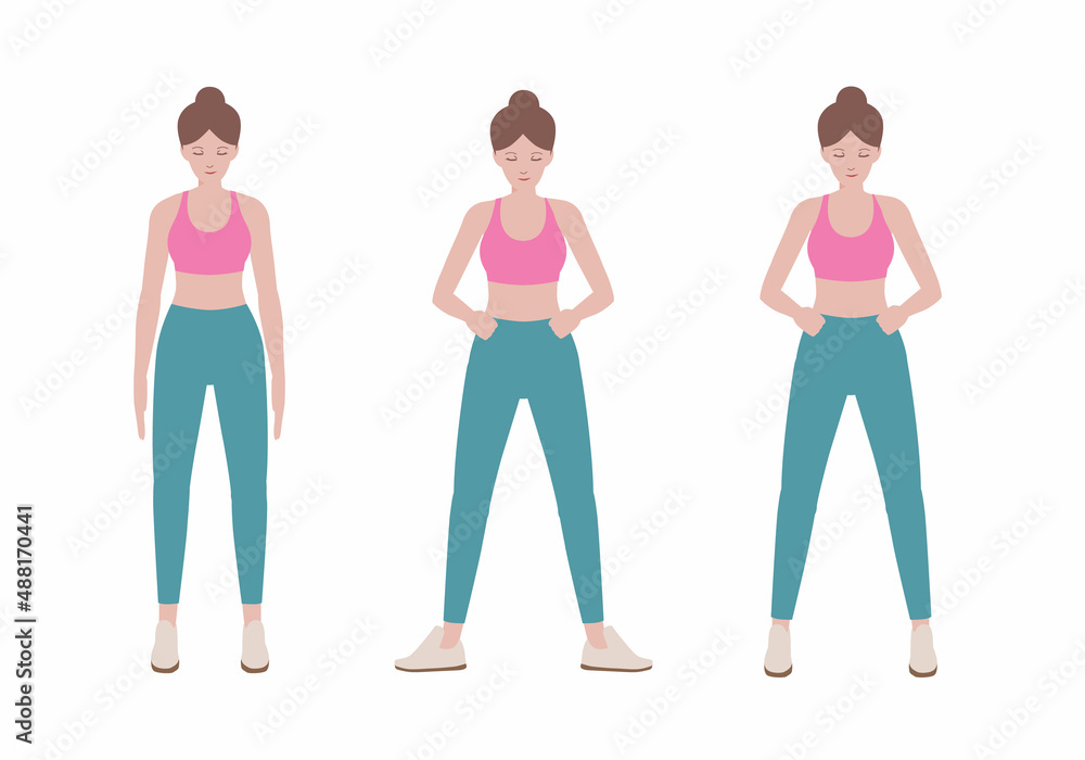 A young healthy woman in sportswear standing isolated on white background. Illustration about prepare posture of Sport people before fitness. A young healthy woman in sportswear standing isolated on white background. Illustration about prepare posture of Sport people before fitness.