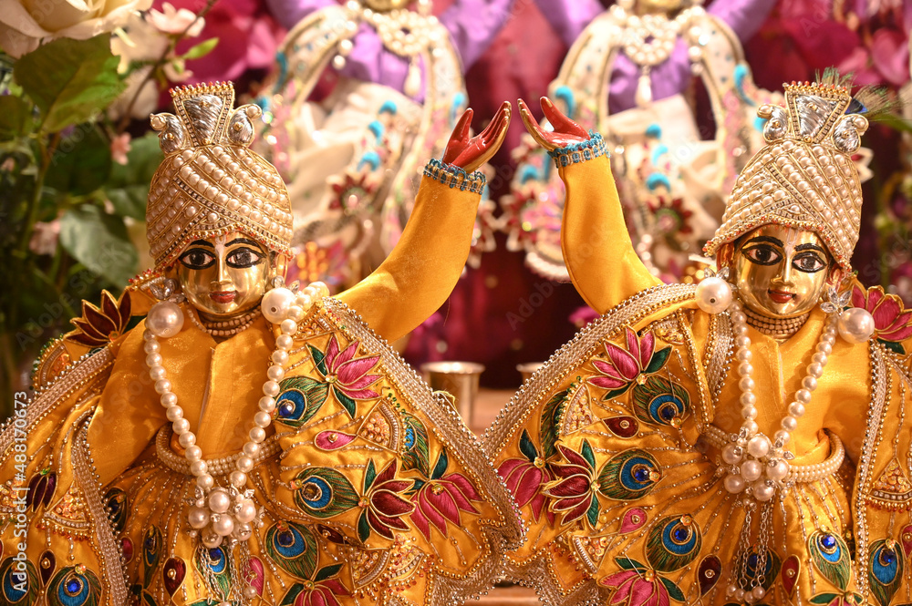 Altar in the Hare Krishna temple, close up. Deities. Home altar for deity worship.