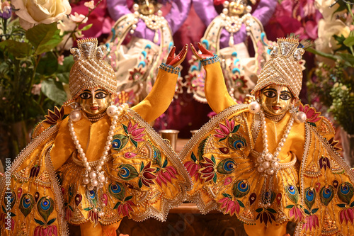 Altar in the Hare Krishna temple, close up. Deities. Home altar for deity worship.