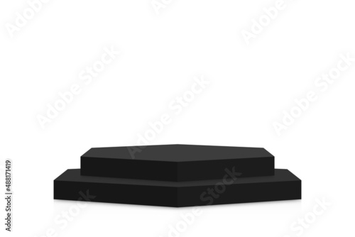 Black podium mockup in hexagon shape. Empty black stage and pedestal mockup on white background. Hexagon podium, stand and platform for award ceremony and product presentation. Vector