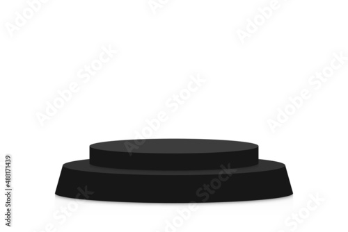 Black podium mockup in circle shape. Empty black stage and pedestal mockup on white background. Round podium, stand and platform for award ceremony and product presentation. Vector