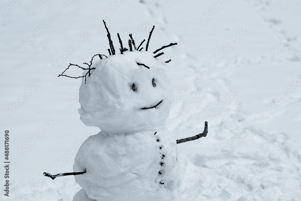 Big ugly snowman in winter. Snowman with creepy face and hair