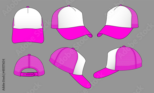 Pink-White Trucker Cap With Mesh Four Panel Back and Adjustable Snap Back Strap Design on Gray Background, Vector File