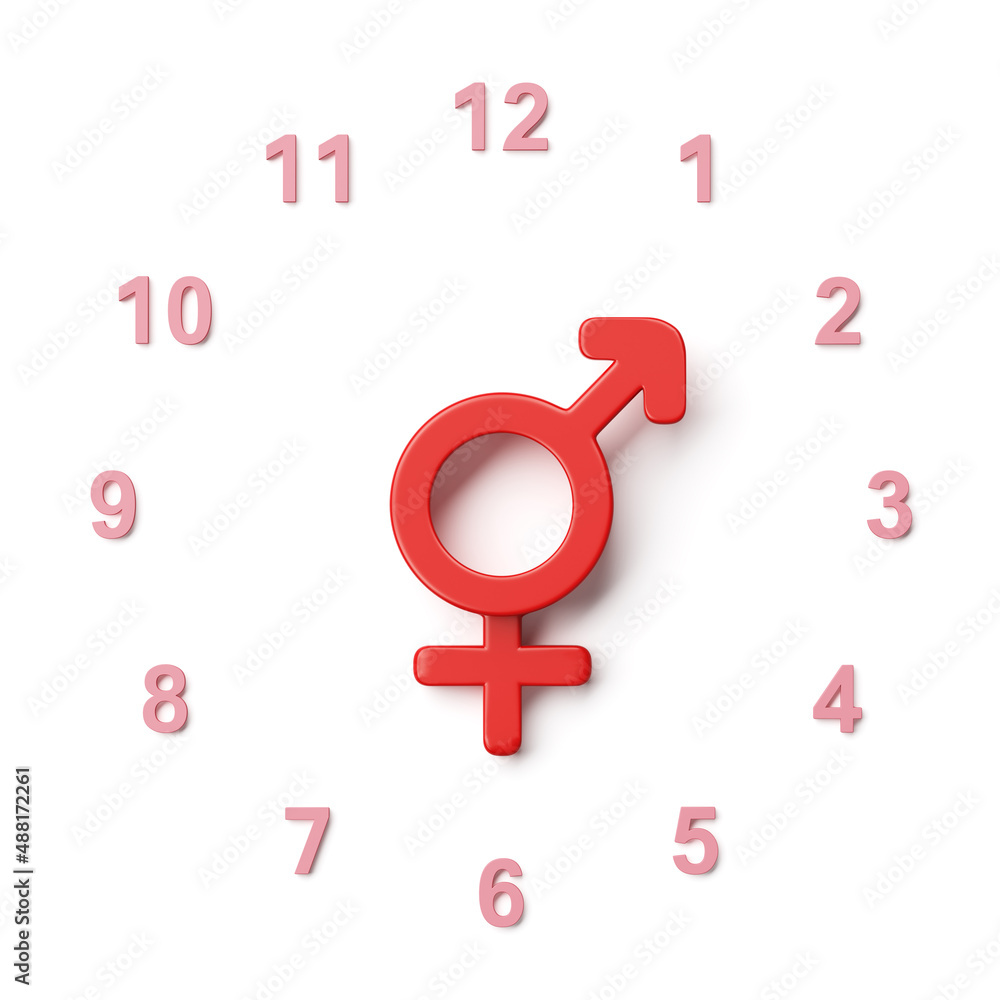 Time and clock red reflect male female gender symbol love theme on white background. Concepts of families valentine and sexuality. Isolated with clipping path. 3D Illustration. Time and clock red reflect male female gender symbol love theme on white background. Concepts of families valentine and sexuality. Isolated with clipping path. 3D Illustration.