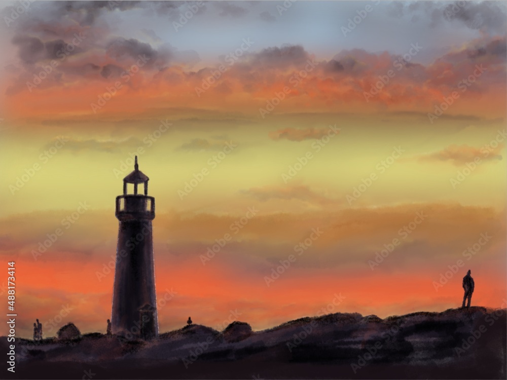 Beautiful gentle sea sunset on a lighthouse near the sea where tourists walk. Painting, illustration, picture Beautiful gentle sea sunset on a lighthouse near the sea where tourists walk. Painting, illustration, picture