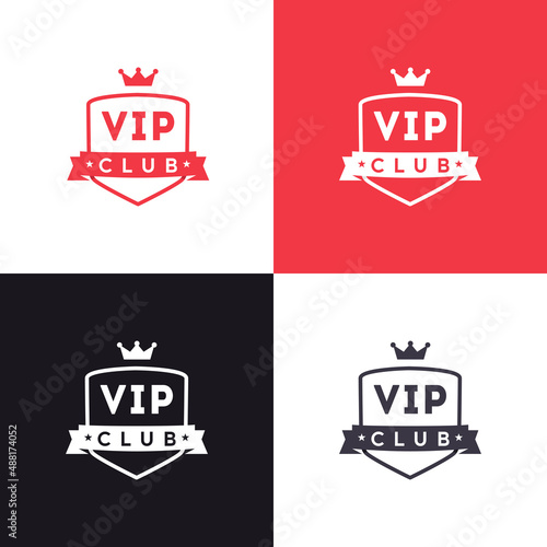 Vip club logo. Exclusive membership badge. Vip club icon design with red crown and ribbon. Creative modern member pass. Premium celebrity access card. Prestige symbol. Vector element