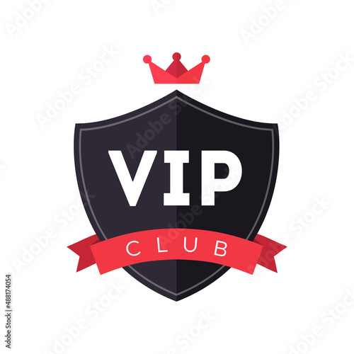 Vip club logo. Exclusive membership badge. Vip club icon design with red crown and ribbon. Creative modern member pass. Premium celebrity access card. Prestige symbol. Vector element