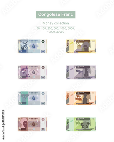 Congolese Franc Vector Illustration. Congo money set bundle banknotes. Paper money 50, 100, 200, 500, 1000, 5000, 10000, 20000 CDF. Flat style. Isolated on white background. Simple minimal design. photo
