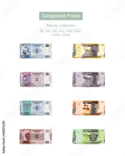 Congolese Franc Vector Illustration. Congo money set bundle banknotes. Paper money 50, 100, 200, 500, 1000, 5000, 10000, 20000 CDF. Flat style. Isolated on white background. Simple minimal design.