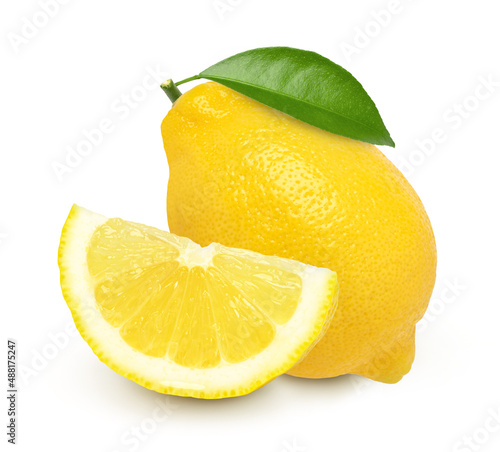 Ripe lemon fruit and sliced with leaves isolated on white background, Fresh and Juicy Lemon..