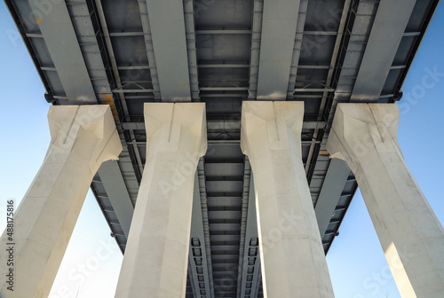 Four road bridge supports close-up. Engineering and architecture. Outdoors
