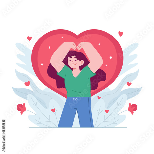 Love yourself concept vector Illustration idea for landing page template, happy self love hug esteem ego confidence, body acceptance as proud and caring, positive attitude, Hand drawn Flat Style
