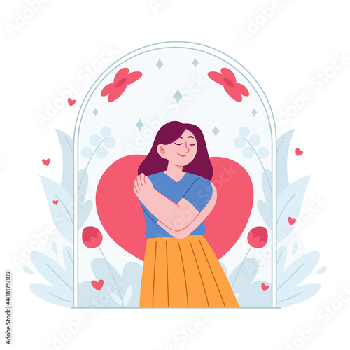 Love yourself concept vector Illustration idea for landing page template, happy self love hug esteem ego confidence, body acceptance as proud and caring, positive attitude, Hand drawn Flat Style