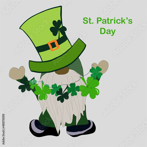St. Patrick's Day gnome in a decorated hat with clover leaves - symbols of good luck. Greeting card St. Patrick's Day.