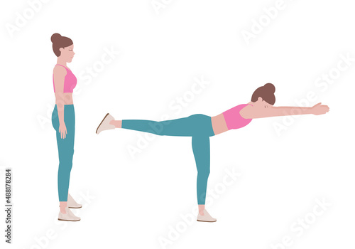 Woman doing exercises.  Benefits, doing Leg Reach is building strength in your hamstrings and gluteus muscles. Isolated vector illustration in cartoon style.