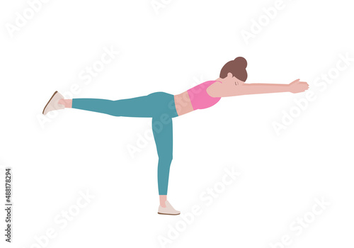 Woman doing exercises. woman in a pink shirt and blue Long legs. 1 step instruction for doing Leg Reach. Fitness and health concepts. Isolated vector illustration in cartoon style.