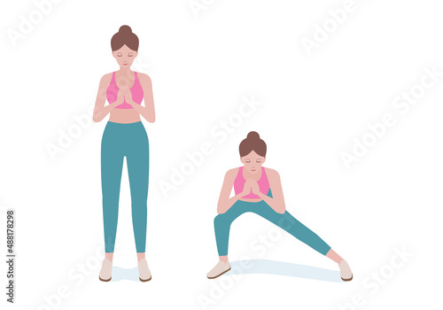 Woman doing exercises.  The benefit, of doing side Lunges is strengthening the inner thigh and glutes. Isolated vector illustration in cartoon style. Fitness and health concepts.