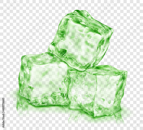 Group of three realistic translucent ice cubes in green color, with reflection, isolated on transparent background. Transparency only in vector format
