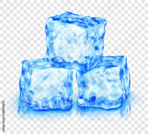 Group of three realistic translucent ice cubes in light blue color, with reflection, isolated on transparent background. Transparency only in vector format