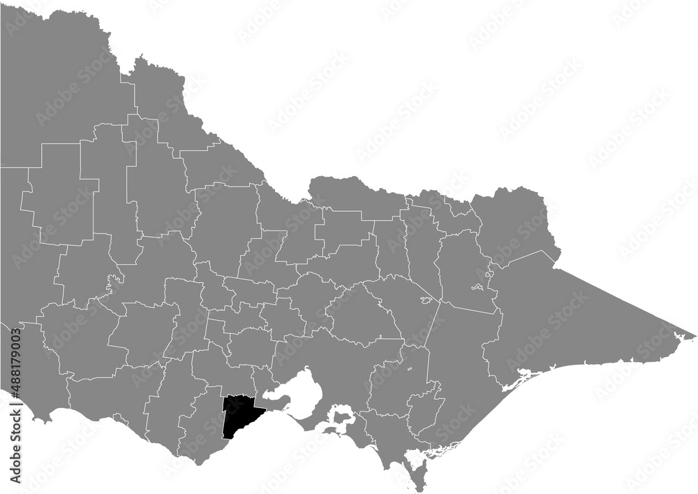 Black flat blank highlighted location map of the SURF COAST SHIRE AREA inside gray administrative map of areas of the Australian state of Victoria, Australia