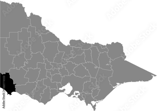 Black flat blank highlighted location map of the SHIRE OF GLENELG AREA inside gray administrative map of areas of the Australian state of Victoria, Australia