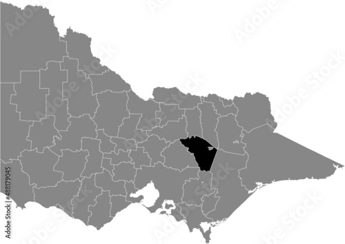 Black flat blank highlighted location map of the SHIRE OF MANSFIELD AREA inside gray administrative map of areas of the Australian state of Victoria, Australia