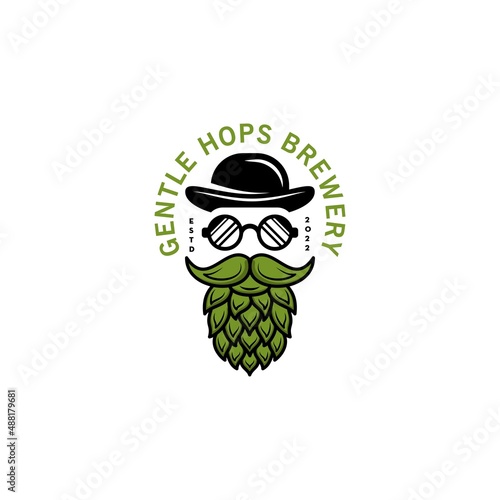 gentle man hops logo design, beard with hops and mafia hat logo illustration, craft beer logo, modern vector template