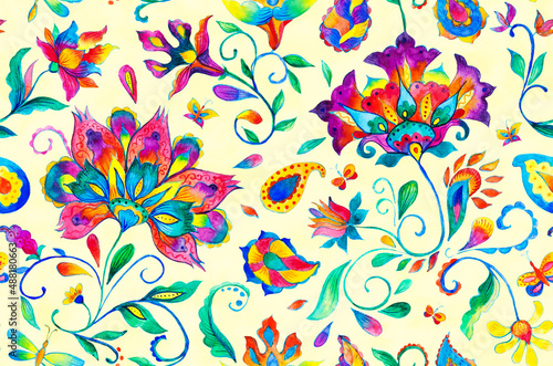 Paisley watercolor floral pattern tile: flowers, flores, tulips, leaves. Oriental indian traditional hand painted water color whimsical seamless print, ceramic design. Abstract india batik background © Natalia