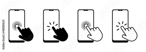 Smartphone icon with hand touch screen. Click here icon. Vector illustration