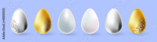 Set of pearl, gold and silver Easter eggs with gold and silver pattern