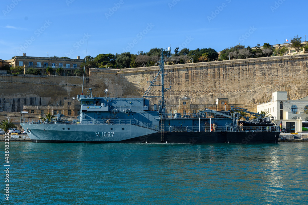 The Germany navy Type 332 Frankenthal-class Minesweeper FGS Bad Rappenau (M1067) moored in the Grand Harbour at Floriana, Malta.