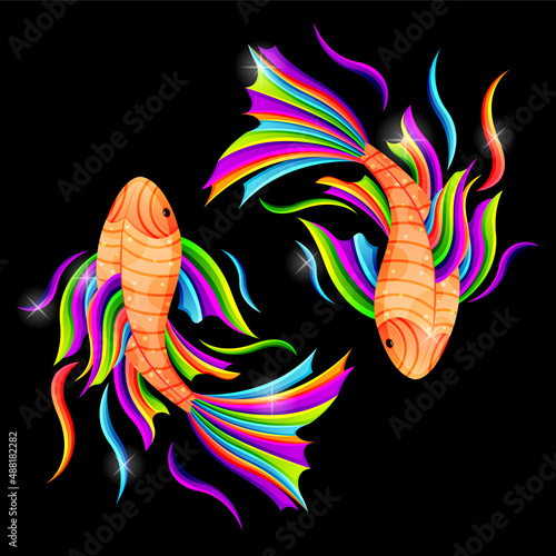 couple of fish swimming together, symbolizing of yin and yang or pisces zodiac. character illustrations with colorful drawing or wpap style. for printing t-shirts, tattoo, mascot, logo, poster.