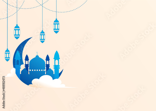 background design with ramadan theme, with illustrations of mosques, moon and lanterns