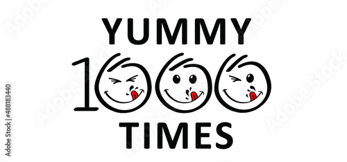 Cartoon, comic yummy, delicious or tasty. smile and tongue or lick. Happy world smile day, big smiling. Fun comic thoughts emotion symbol. Vector laugh sign. licking lips icon or pictogram