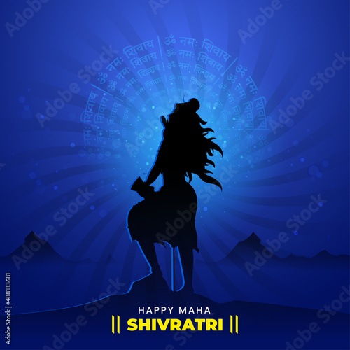 Hindu Mythology Lord Shiva Standing And Rounded Om Namah Shivaya Text On Blue Rays Background For Maha Shivratri Concept.