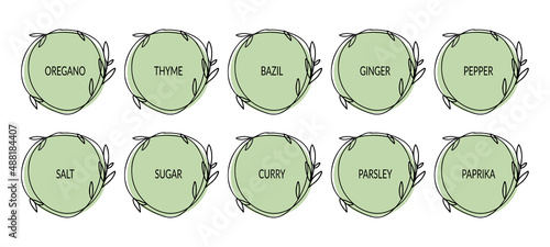 Set of food labels, stickers. Spices labels with floral frame. For labeling kitchen containers and foodstuffs. Vector