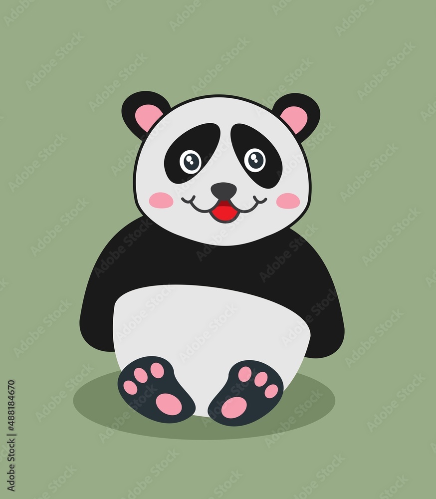 Naklejka premium Cute and young panda sitting with a smile on a green background